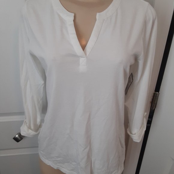 Charter Club Split Neck Bright White 100% Supima Cotton Top Roll Tab - Picture 7 of 10